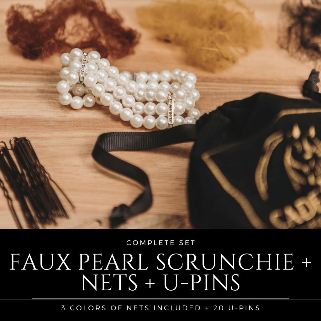 Triple-Row Ivory Pearl Scrunchie and Hair Net Set 1